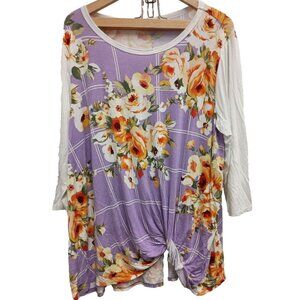 Oddy BOHO Tunic Top Womens Size 2X Purple White Floral 3/4 Sleeve Cottagecore